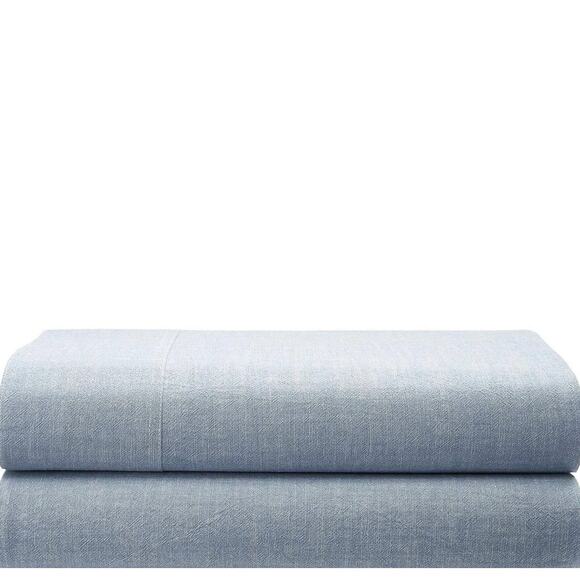 Ralph Lauren Queen Flat Sheet Workshirt Chambray Cotton Blue $215 NEW NWT - Picture 3 of 10